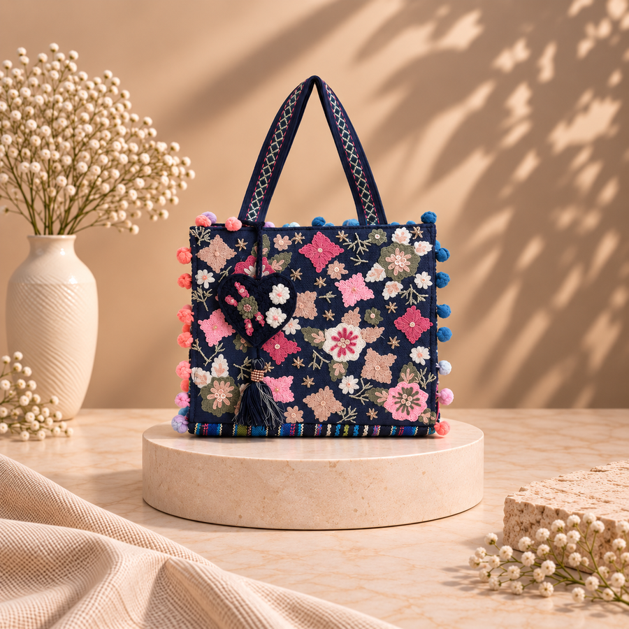Whimsical Navy Blue Mini Tote Bag