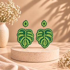 Handcrafted Monstera Leaf Beaded Earrings