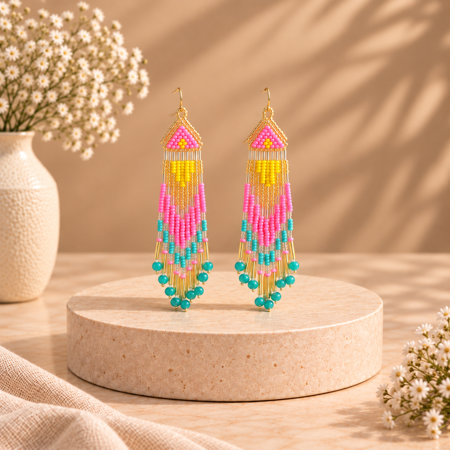 Handcrafted Multi-Color Beaded Fringe Earrings
