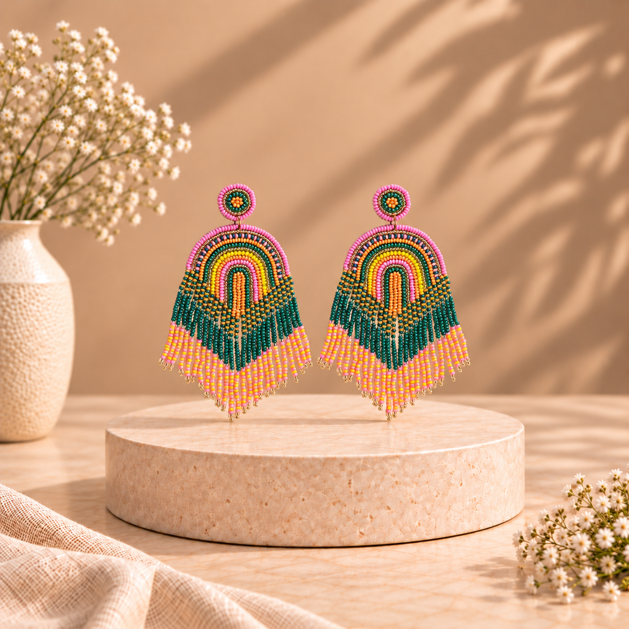 Colorful Beaded Rainbow Tassel Earring