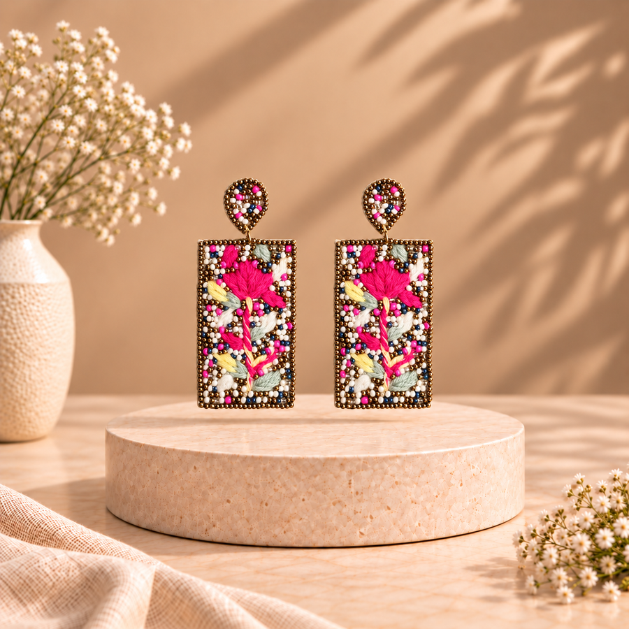 Pink Phulkari Embroidered Earring