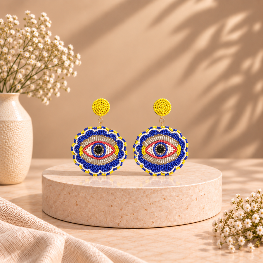 Handcrafted Blue Evil Eye Beaded Earrings