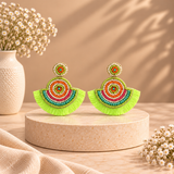 Handcrafted Neon Green Beaded Fan Earrings
