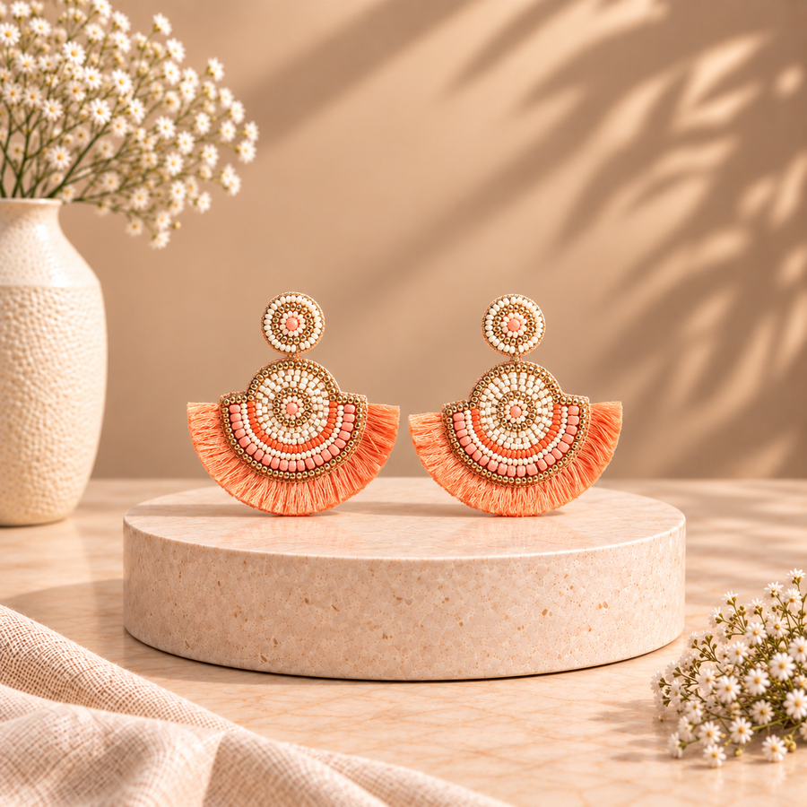 Handcrafted Peach Beaded Fan Earrings