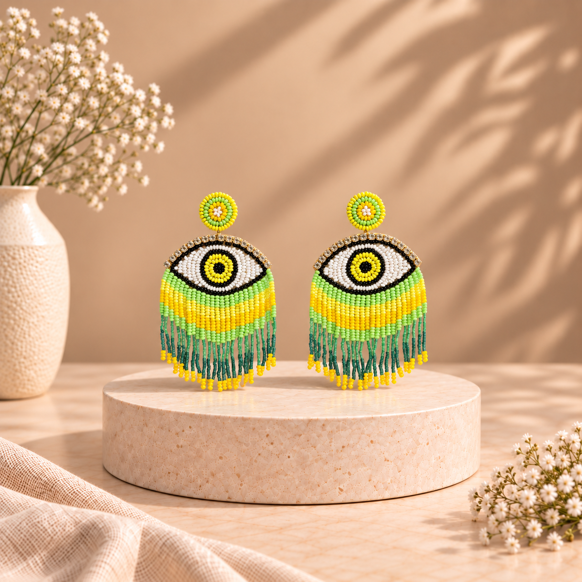 Handcrafted Evil Eye Beaded Fringe Earrings