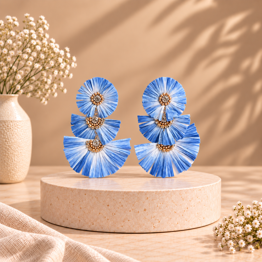 Handcrafted Blue Tiered Fringe Earrings