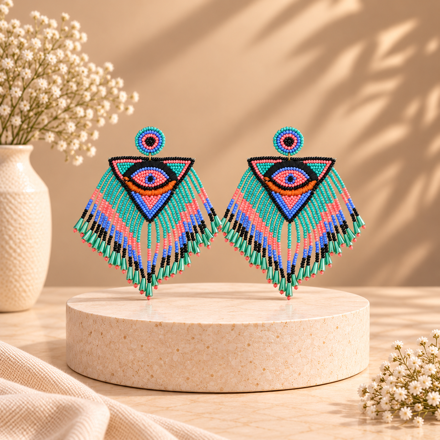 Handcrafted Triangle Evil Eye Beaded Earrings