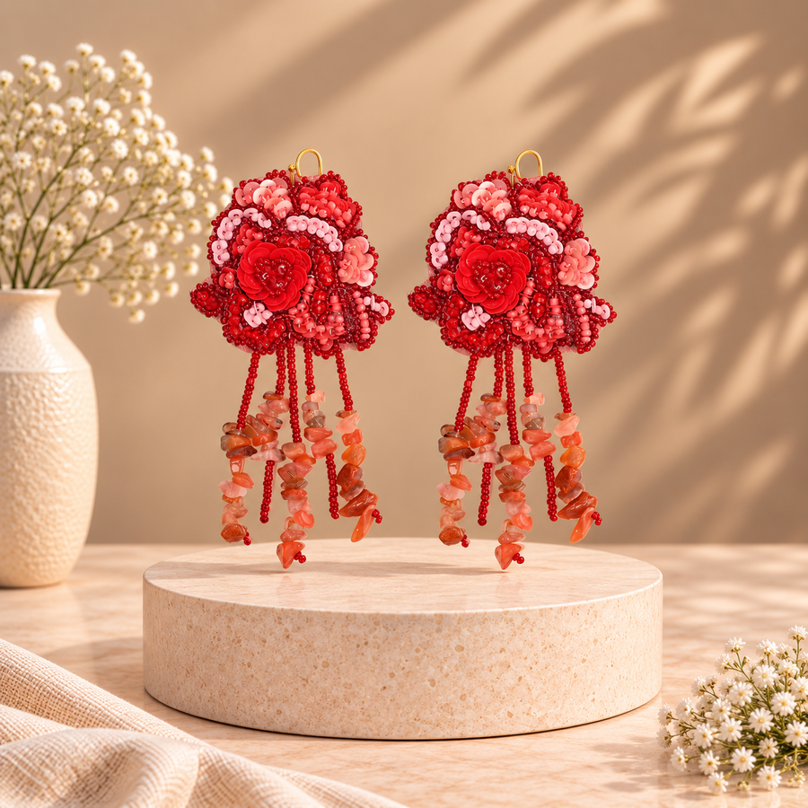Handcrafted Red Floral Beaded Earrings