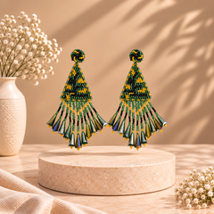 Handcrafted Green Triangle Beaded Earrings