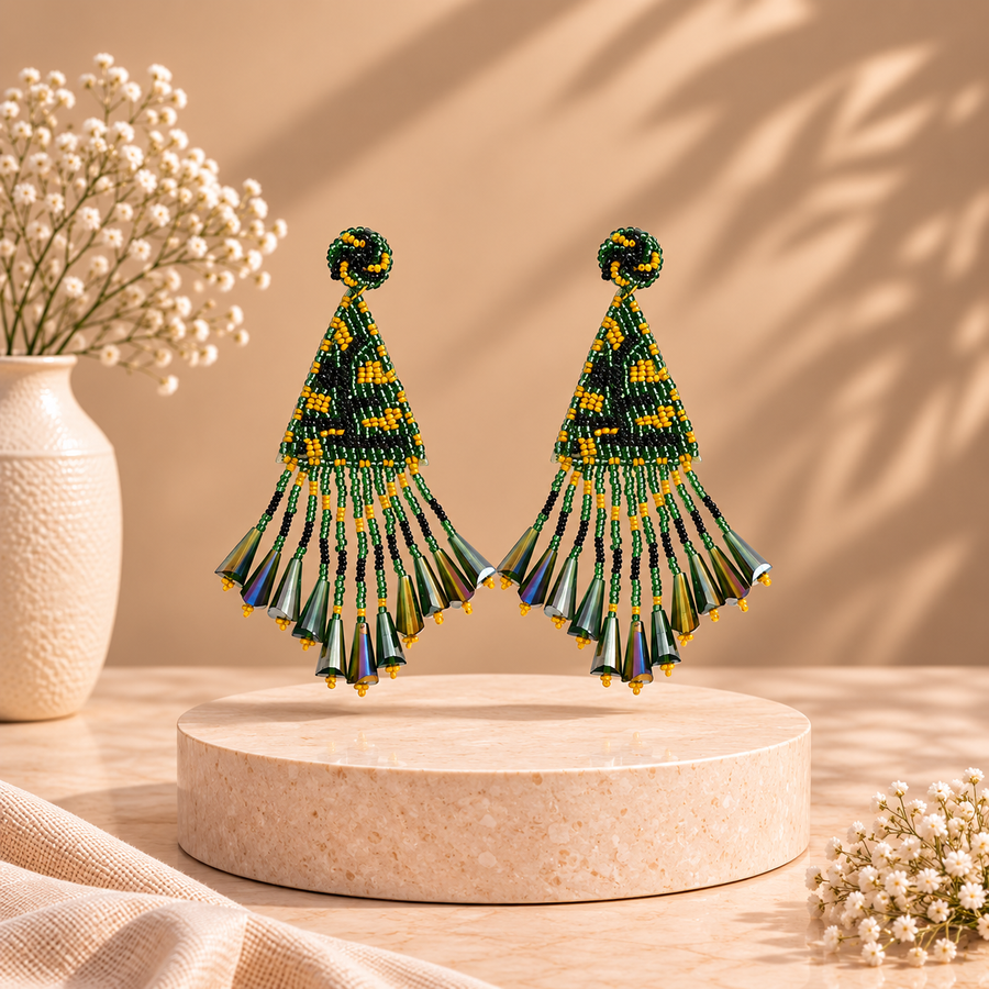 Handcrafted Green Triangle Beaded Earrings