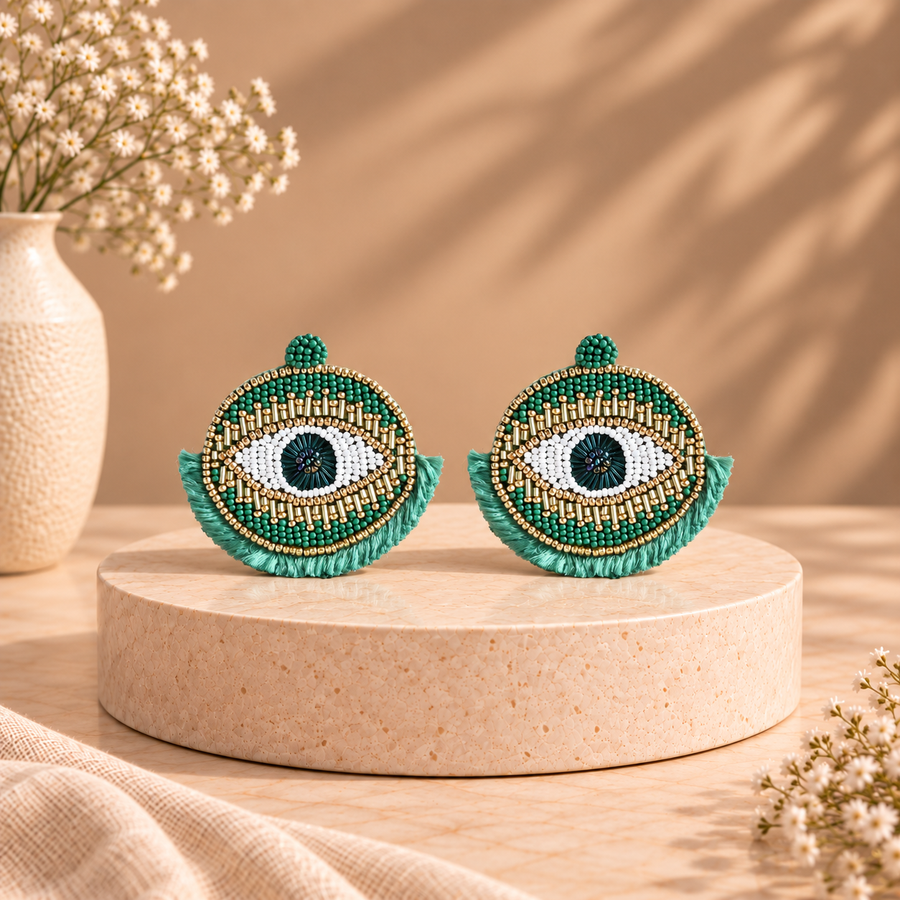 Handcrafted Green Evil Eye Beaded Earrings