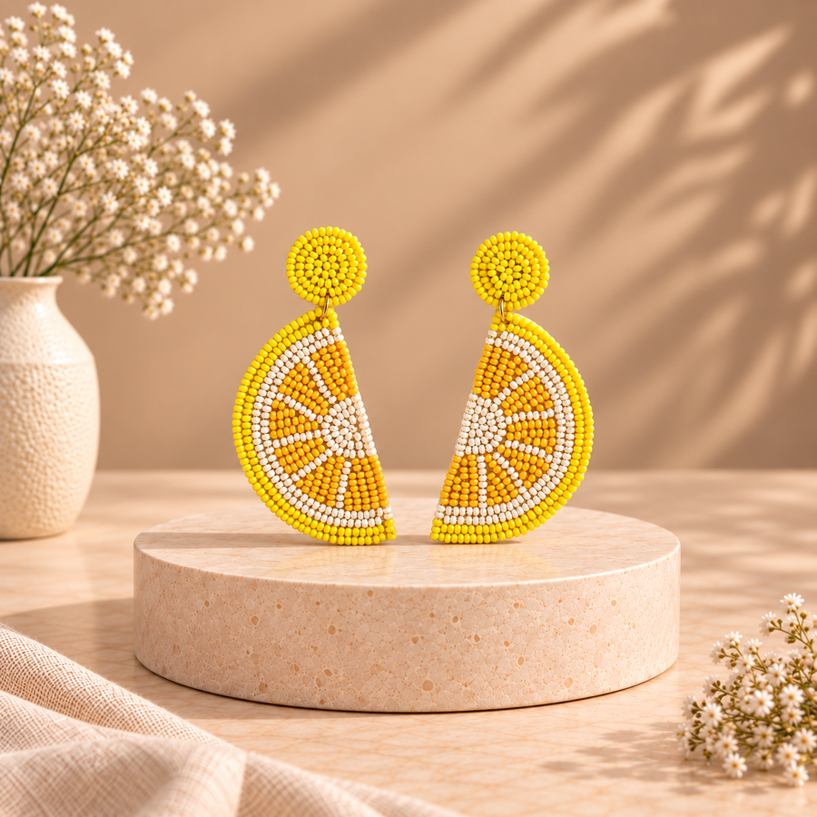 Handcrafted Lemon Slice Beaded Earrings