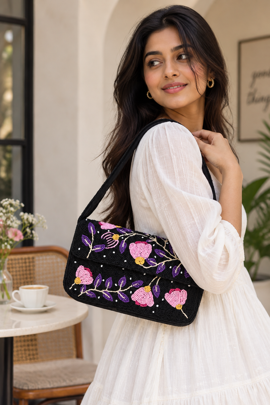 Violet Rose Beaded Shoulder Bag