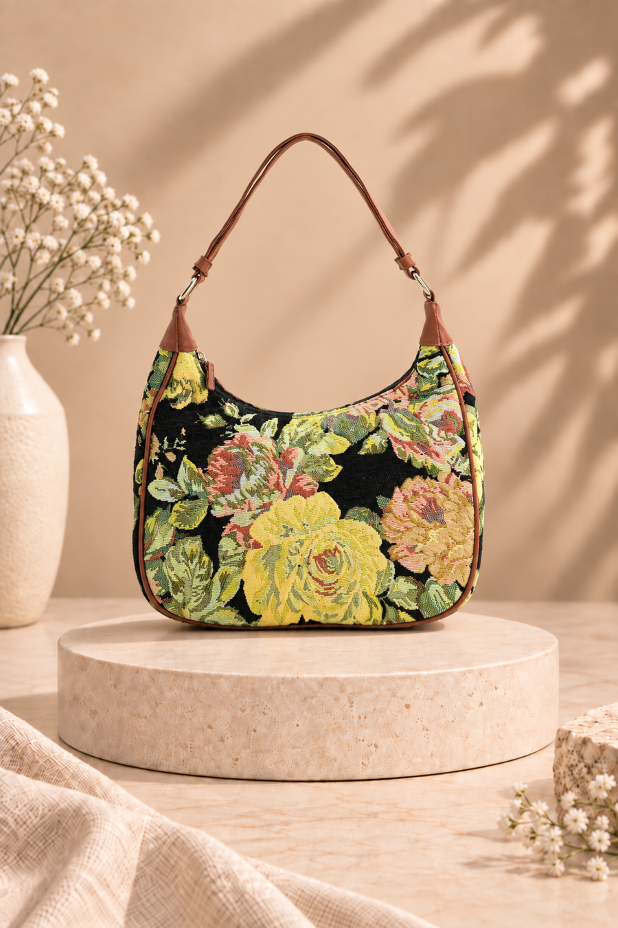 Floral Tapestry Shoulder Bag - Black