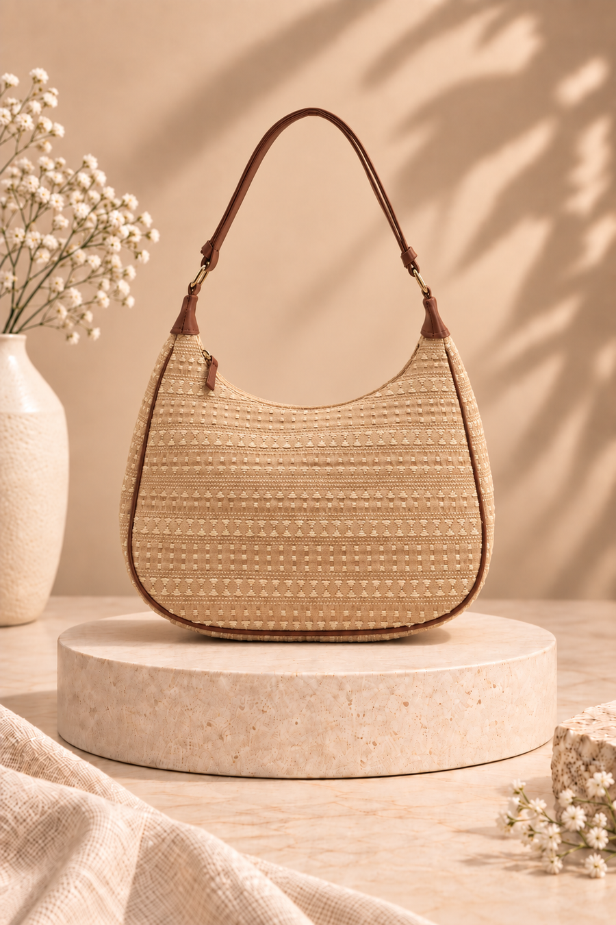 Beige Woven Half Moon Shoulder Bag