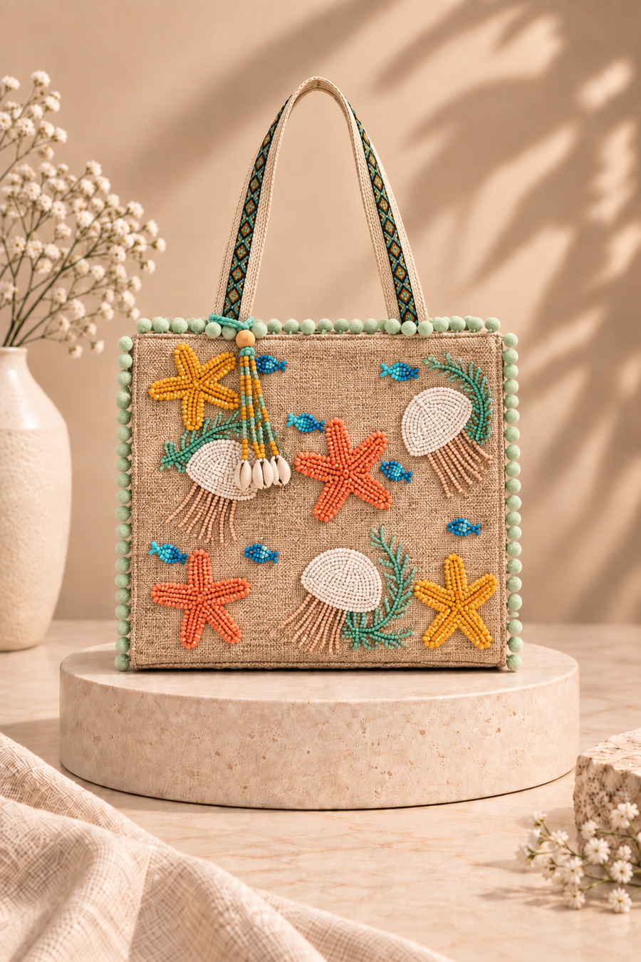 Ocean Reverie Beaded Tote Bag