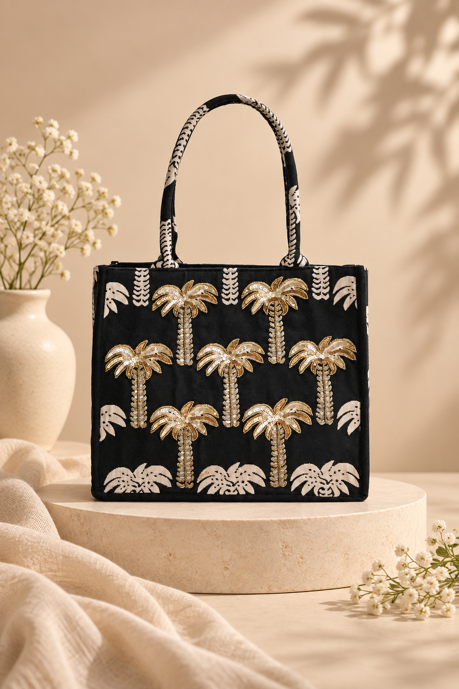 Golden Palm Sequin Embroidered Canvas Tote Bag
