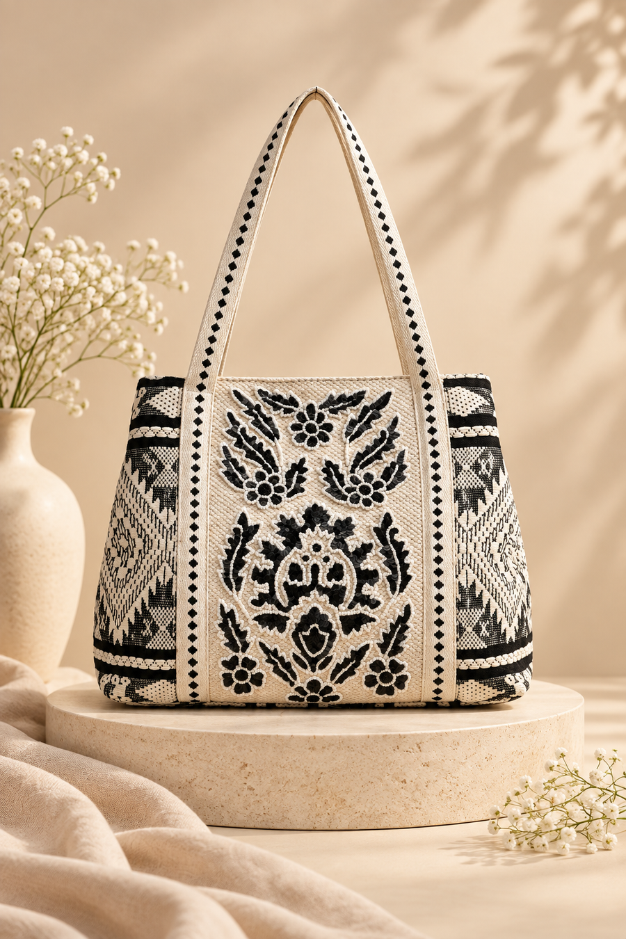 Hand-Beaded Embroidery Tote Bag - Aztec Print (Black)