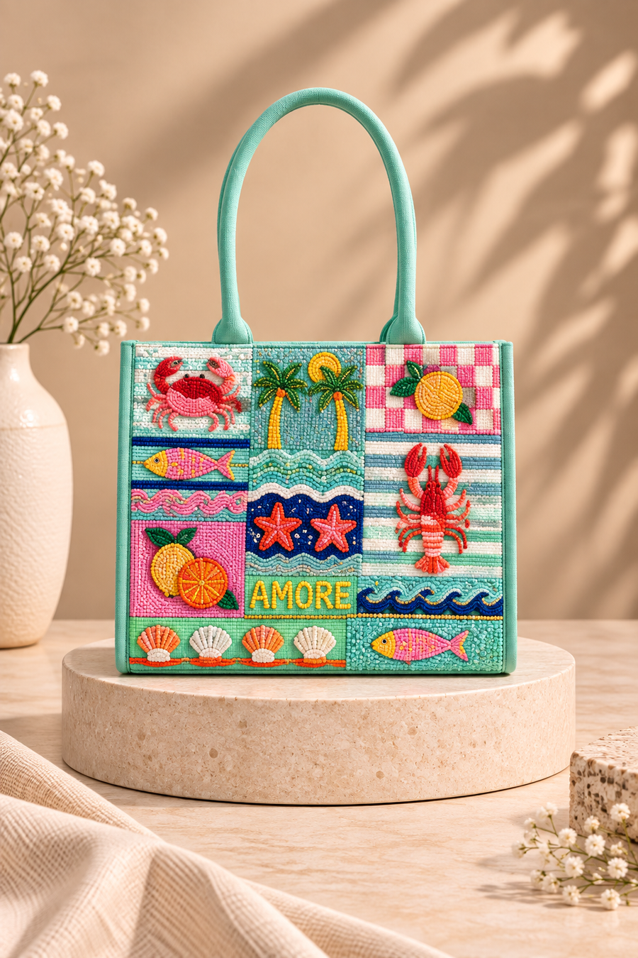 Coastal Charm Cotton Tote Bag with Ocean Theme Embroidery