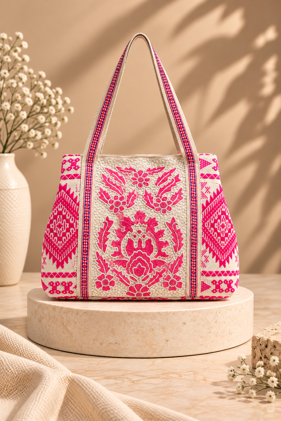 Bohemian Embellished Pink Tote Bag