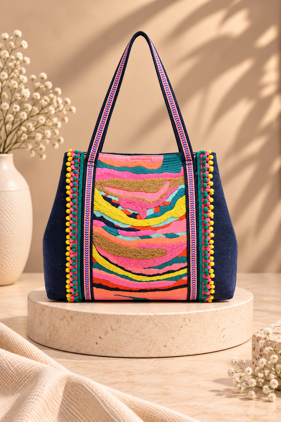 Rainbow Waves Beaded Tote Bag