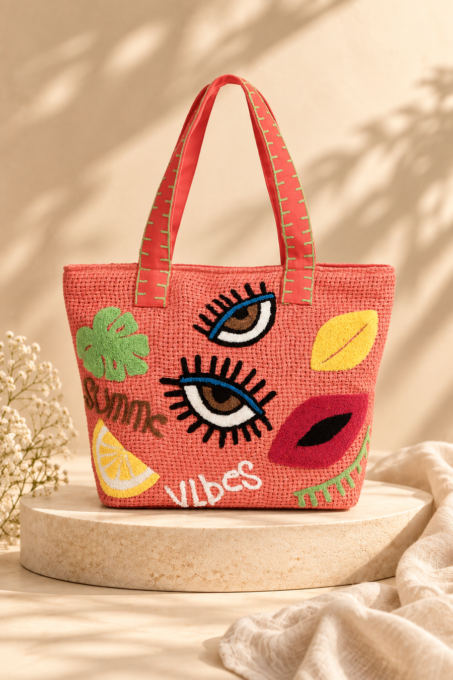 Natural Jute Summer Vibes Embroidered Tote Bag