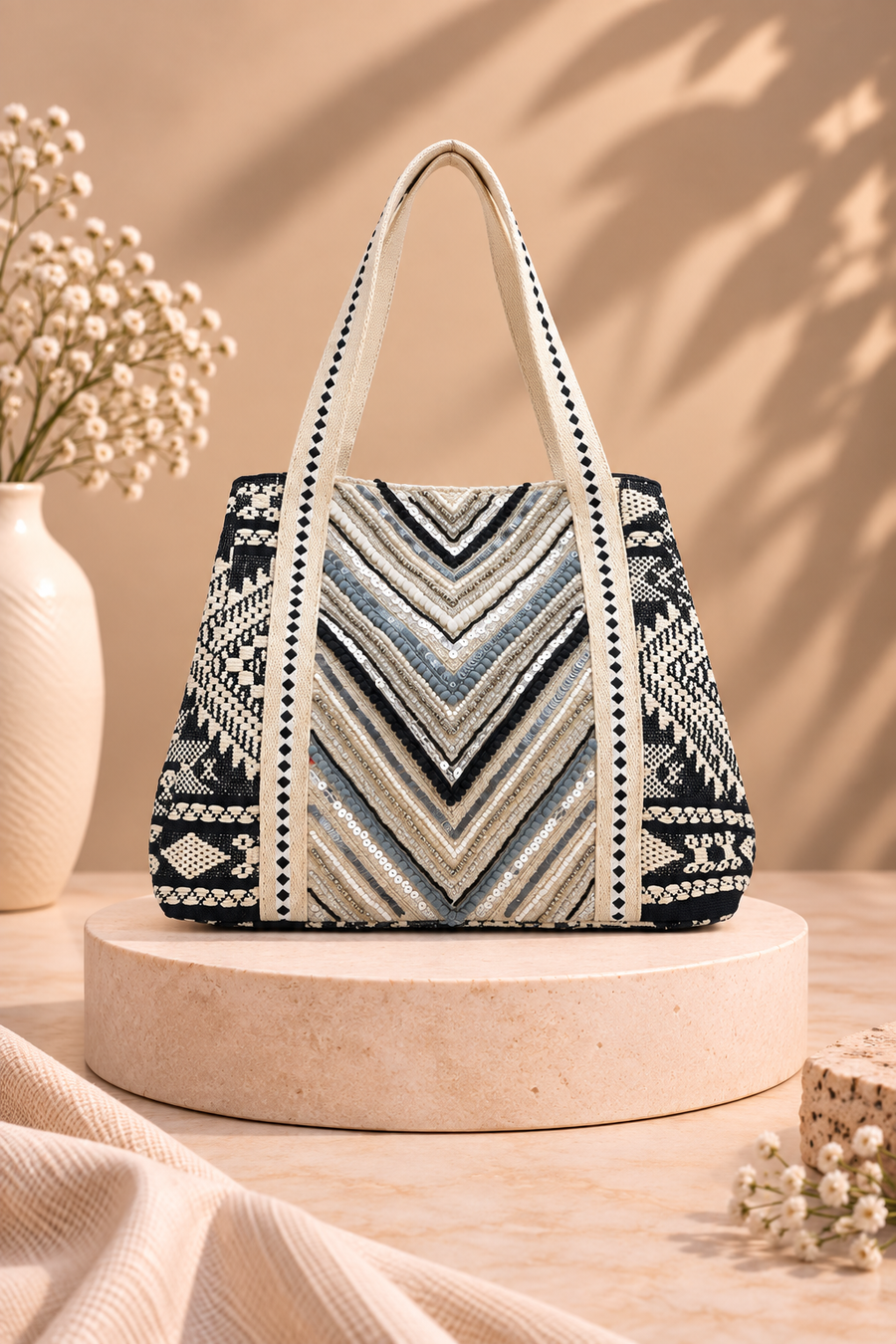Bohemian Embellished Tote Bag - Black