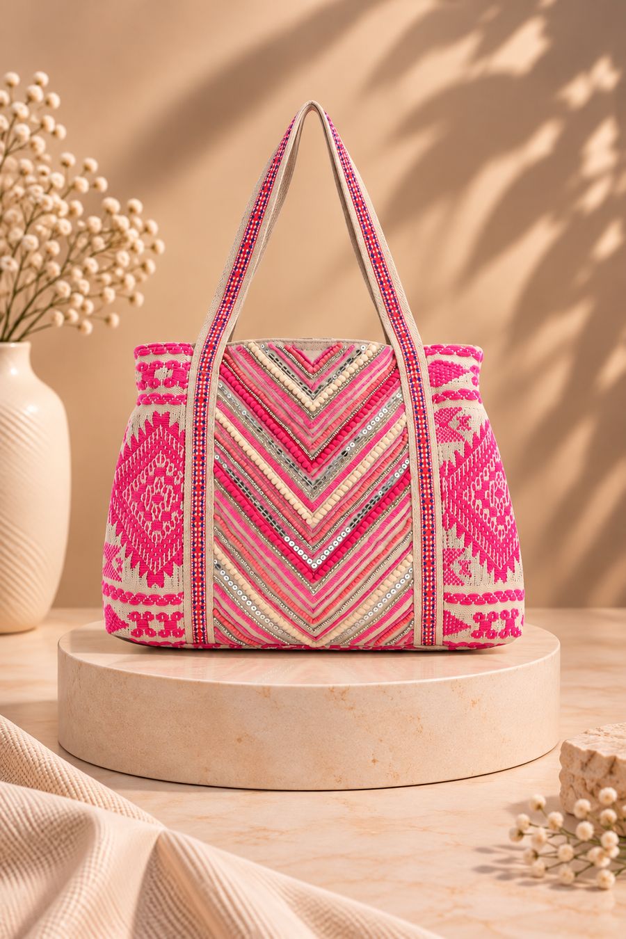 Bohemian Embellished Pink Tote Bag