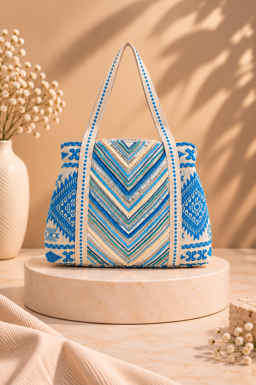 Bohemian Embellished Tote Bag - Blue