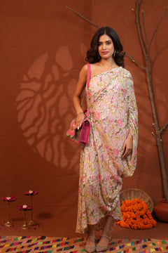 Blush Bloom Floral Lurex One-Shoulder Draped Dress