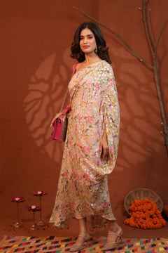 Blush Bloom Floral Lurex One-Shoulder Draped Dress