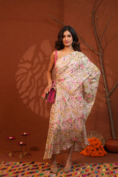 Blush Bloom Floral Lurex One-Shoulder Draped Dress