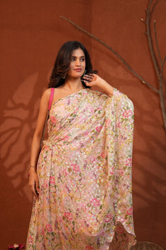 Blush Bloom Floral Lurex One-Shoulder Draped Dress
