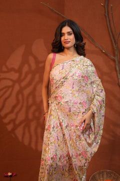 Blush Bloom Floral Lurex One-Shoulder Draped Dress
