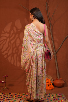 Blush Bloom Floral Lurex One-Shoulder Draped Dress
