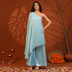 Celestial Draped Grace Sky Blue One-Shoulder Asymmetric Lurex Co-ord Set