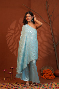 Celestial Draped Grace Sky Blue One-Shoulder Asymmetric Lurex Co-ord Set