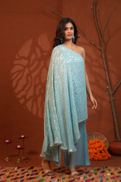 Celestial Draped Grace Sky Blue One-Shoulder Asymmetric Lurex Co-ord Set
