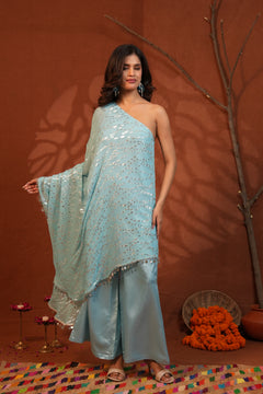 Celestial Draped Grace Sky Blue One-Shoulder Asymmetric Lurex Co-ord Set