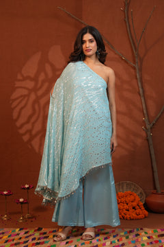 Celestial Draped Grace Sky Blue One-Shoulder Asymmetric Lurex Co-ord Set