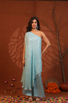 Celestial Draped Grace Sky Blue One-Shoulder Asymmetric Lurex Co-ord Set
