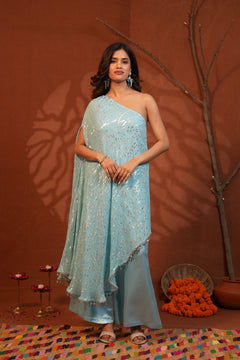 Celestial Draped Grace Sky Blue One-Shoulder Asymmetric Lurex Co-ord Set