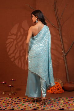 Celestial Draped Grace Sky Blue One-Shoulder Asymmetric Lurex Co-ord Set