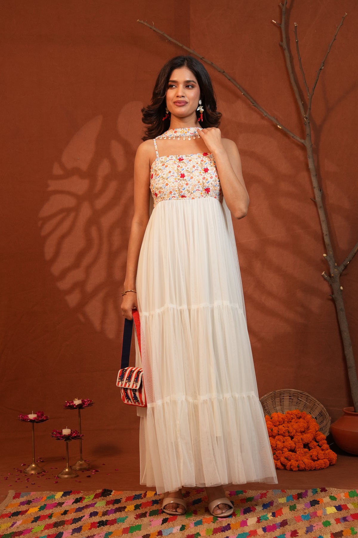 Phulwari Floral White Tiered Maxi Dress