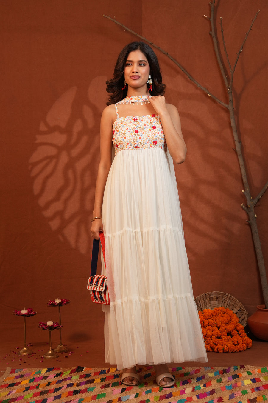 Phulwari Floral White Tiered Maxi Dress