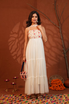 Phulwari Floral White Tiered Maxi Dress