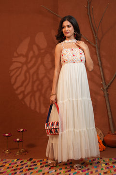 Phulwari Floral White Tiered Maxi Dress