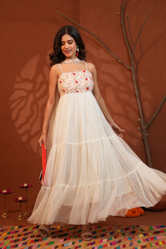 Phulwari Floral White Tiered Maxi Dress