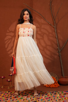 Phulwari Floral White Tiered Maxi Dress