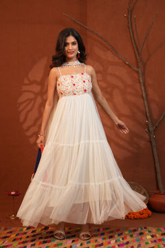 Phulwari Floral White Tiered Maxi Dress